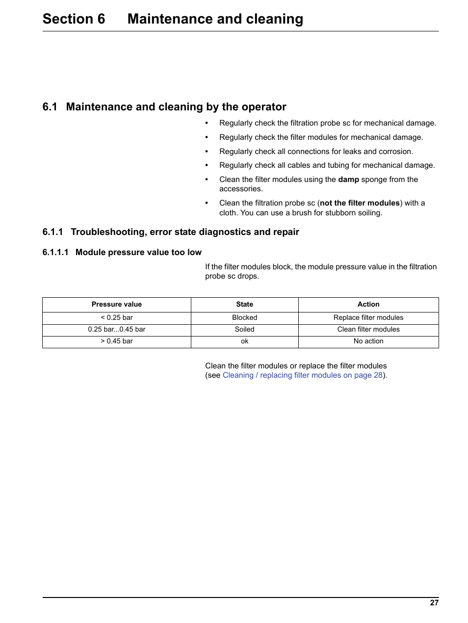 Section 6 maintenance and cleaning, 1 maintenance and cleaning by the operator | Hach-Lange Filter probe sc User Manual | Page 29 / 46