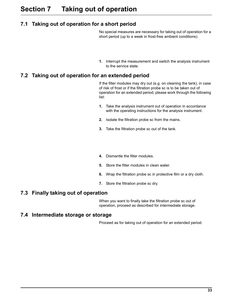 Section 7 taking out of operation, 1 taking out of operation for a short period, 2 taking out of operation for an extended period | 3 finally taking out of operation, 4 intermediate storage or storage | Hach-Lange Filter probe sc User Manual | Page 35 / 46