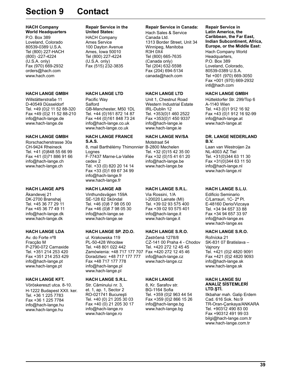 Section 9 contact | Hach-Lange Filter probe sc User Manual | Page 41 / 46