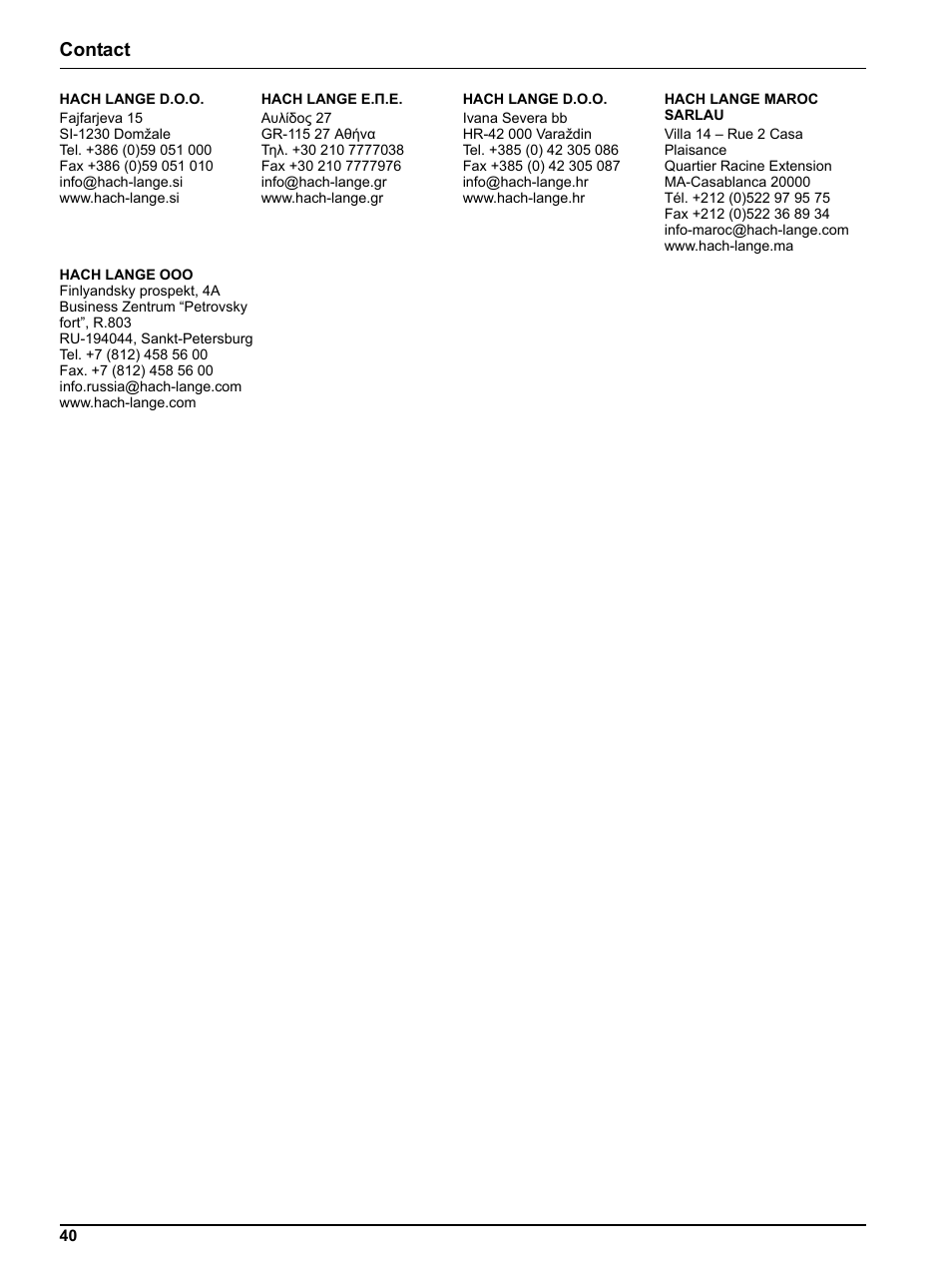 Contact | Hach-Lange Filter probe sc User Manual | Page 42 / 46