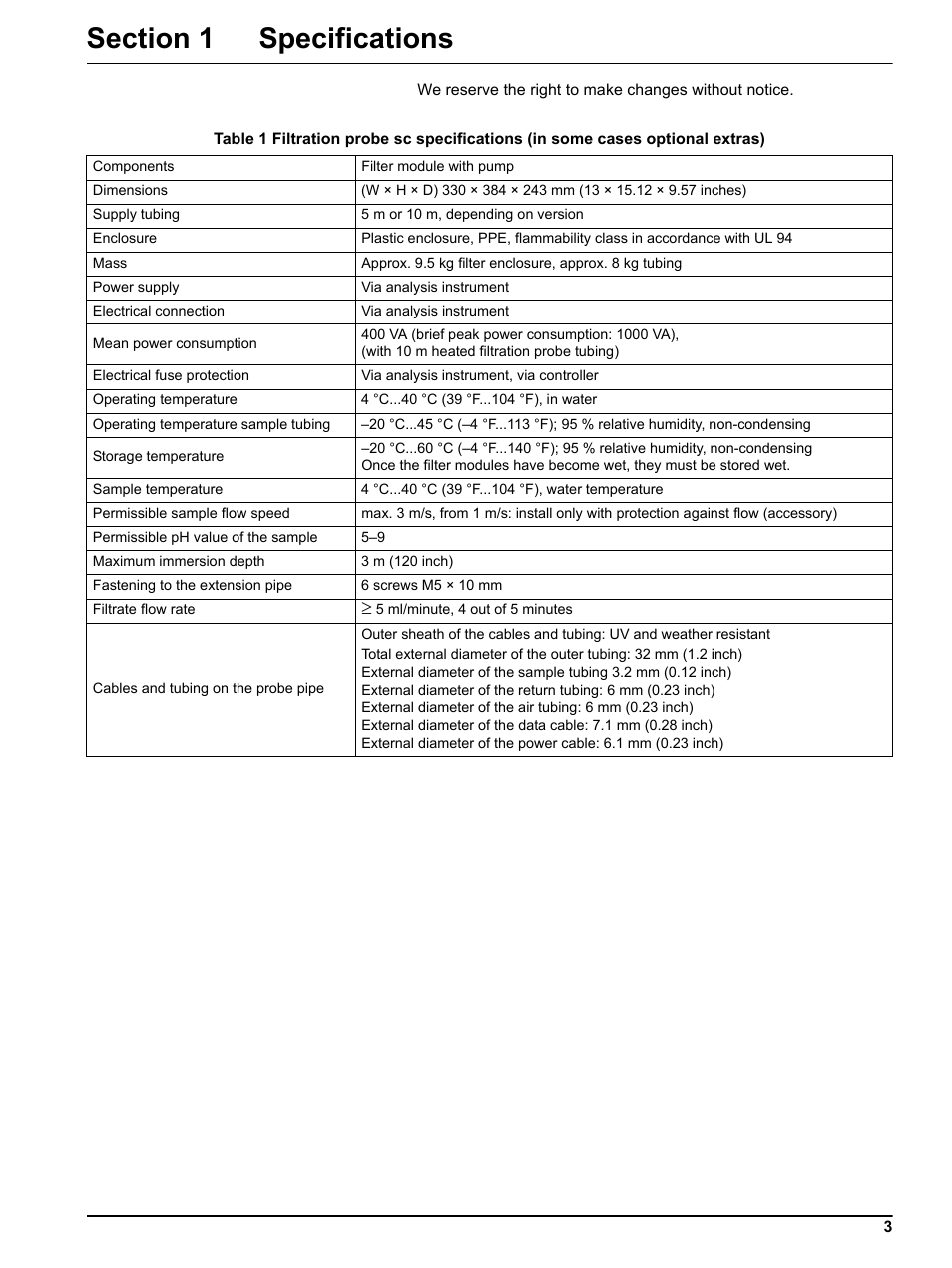 Section 1 specifications | Hach-Lange Filter probe sc User Manual | Page 5 / 46