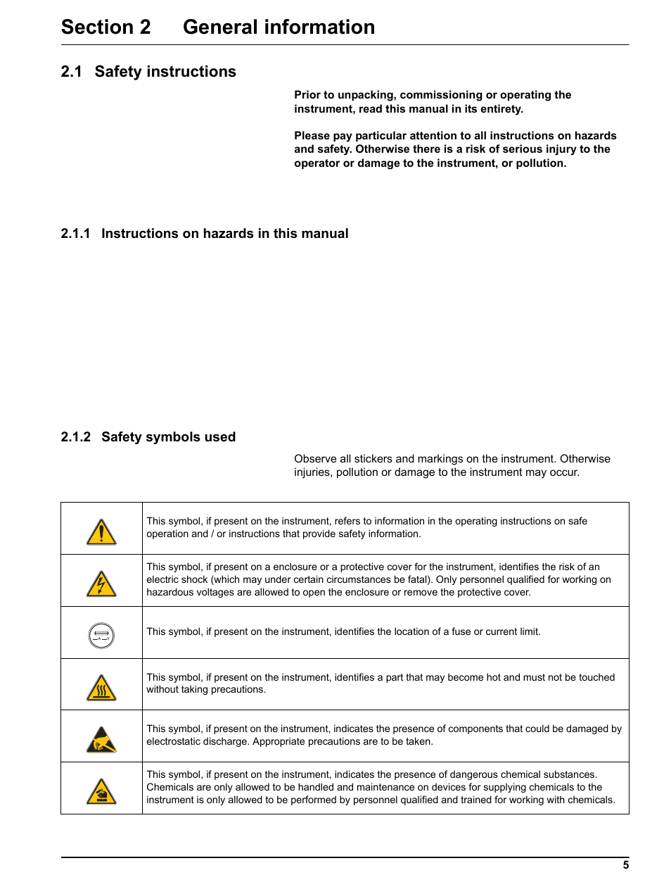 Section 2 general information, 1 safety instructions, 2 safety symbols used | Hach-Lange Filter probe sc User Manual | Page 7 / 46