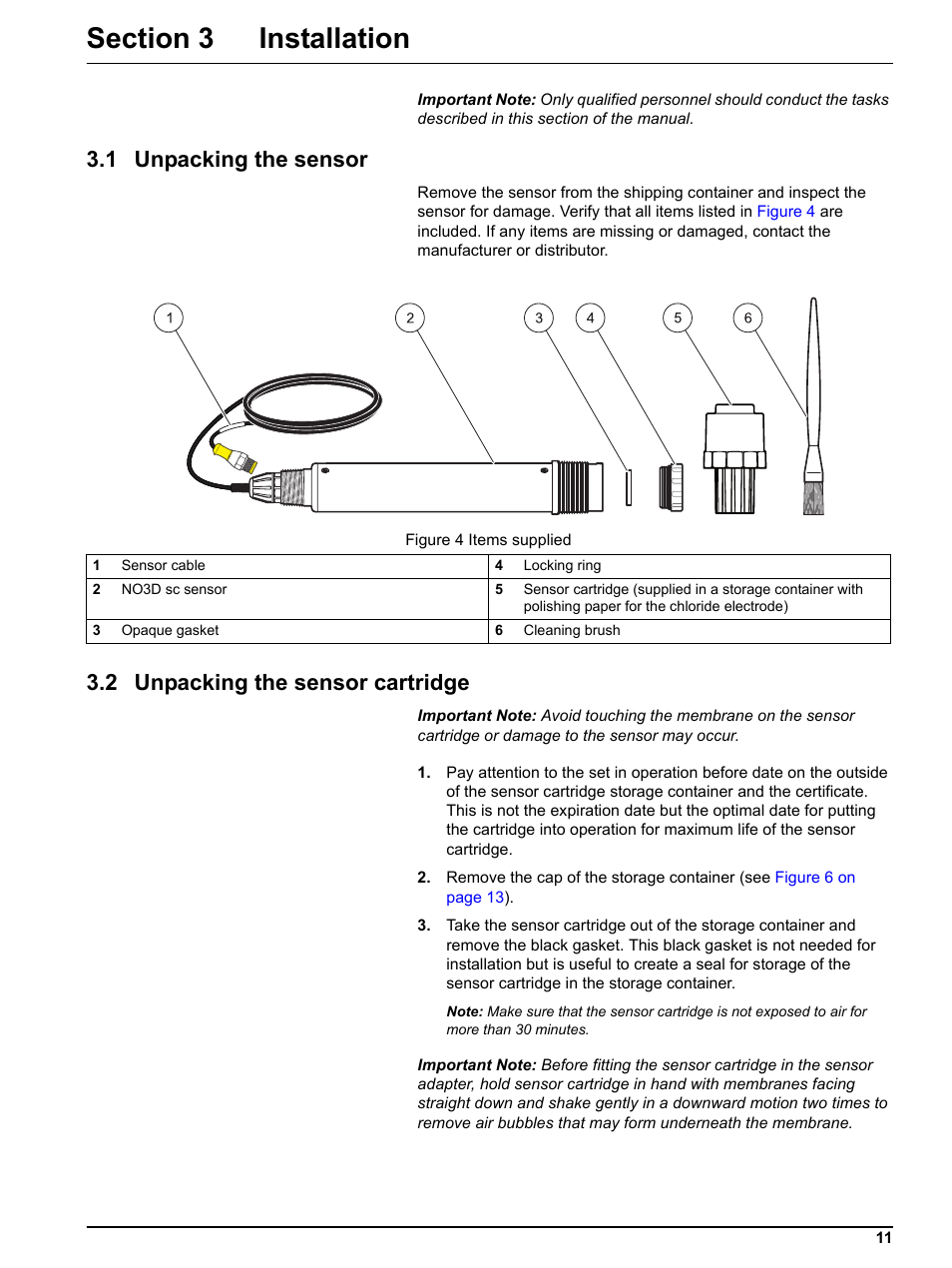 Section 3 installation, 1 unpacking the sensor, 2 unpacking the sensor cartridge | Hach-Lange NO3D sc Nitrate Sensor User Manual | Page 11 / 48
