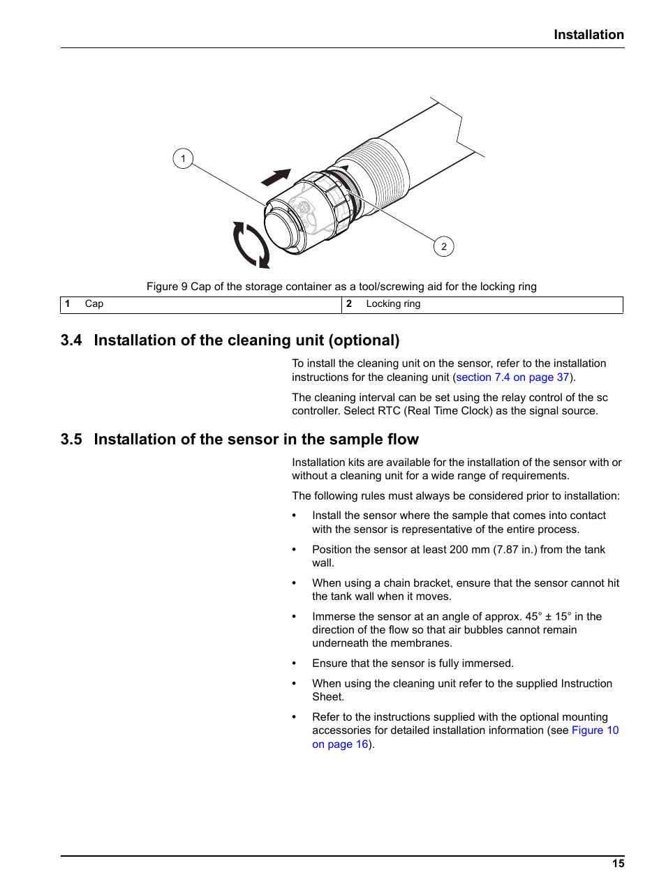 4 installation of the cleaning unit (optional), 5 installation of the sensor in the sample flow, Installation | Hach-Lange NO3D sc Nitrate Sensor User Manual | Page 15 / 48