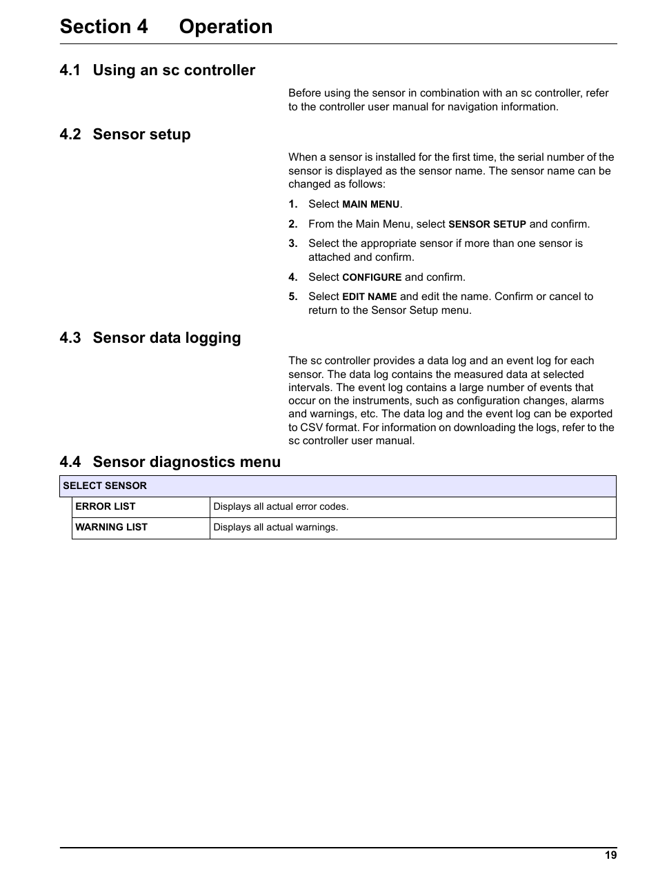 Section 4 operation, 1 using an sc controller, 2 sensor setup | 3 sensor data logging, 4 sensor diagnostics menu | Hach-Lange NO3D sc Nitrate Sensor User Manual | Page 19 / 48