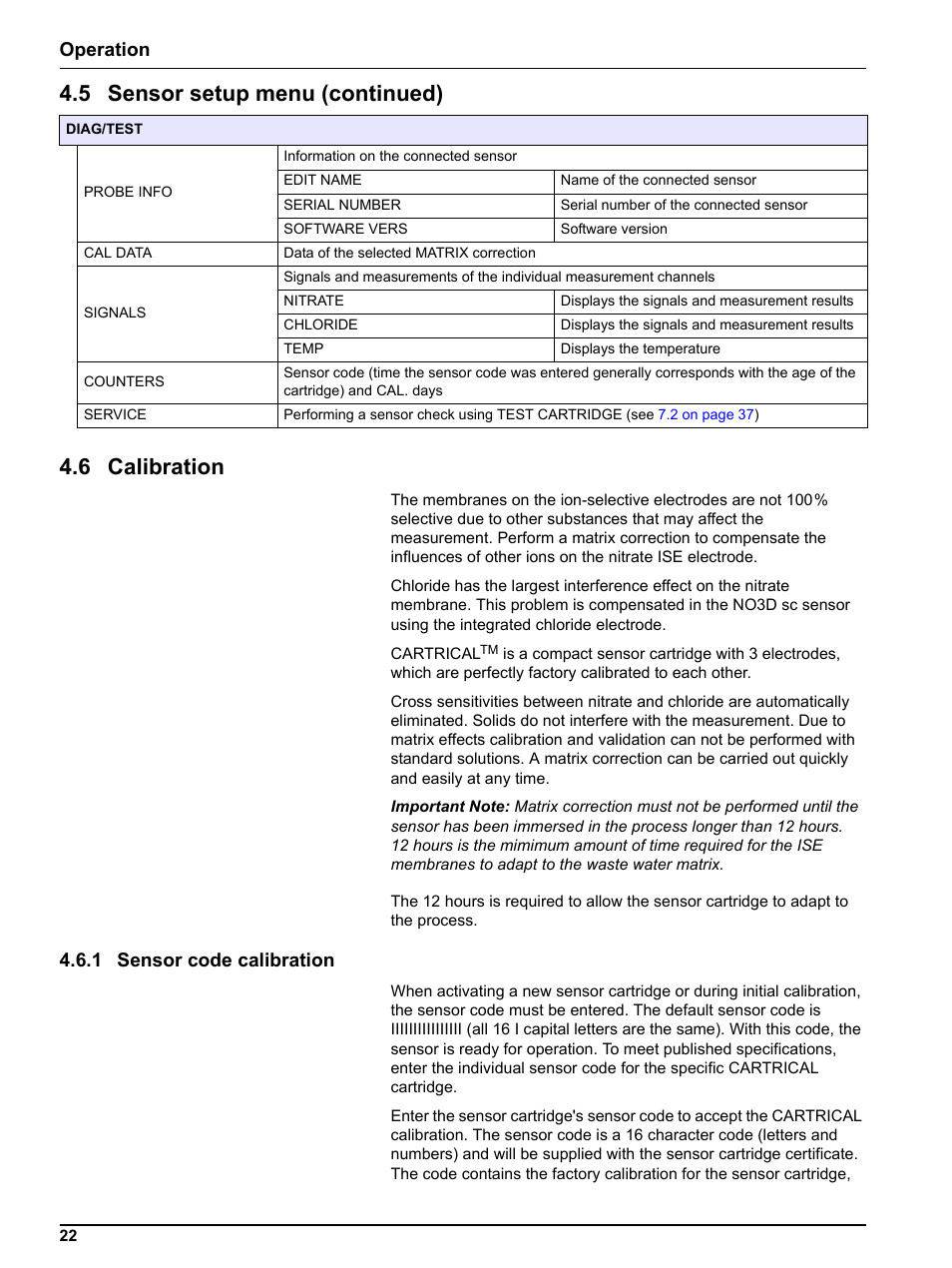 6 calibration, 1 sensor code calibration, 5 sensor setup menu (continued) | Operation | Hach-Lange NO3D sc Nitrate Sensor User Manual | Page 22 / 48