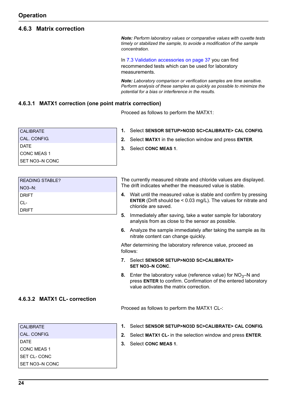 3 matrix correction, 1 matx1 correction (one point matrix correction), 2 matx1 cl- correction | Trix correction (see, Urement, Operation 4.6.3 matrix correction | Hach-Lange NO3D sc Nitrate Sensor User Manual | Page 24 / 48