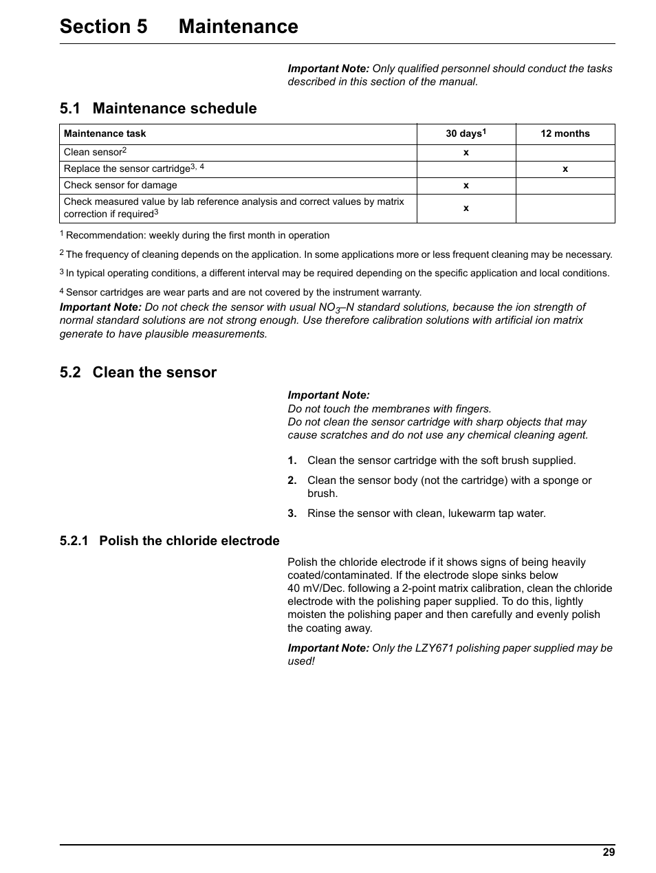 Section 5 maintenance, 1 maintenance schedule, 2 clean the sensor | 1 polish the chloride electrode, 1 maintenance schedule 5.2 clean the sensor | Hach-Lange NO3D sc Nitrate Sensor User Manual | Page 29 / 48