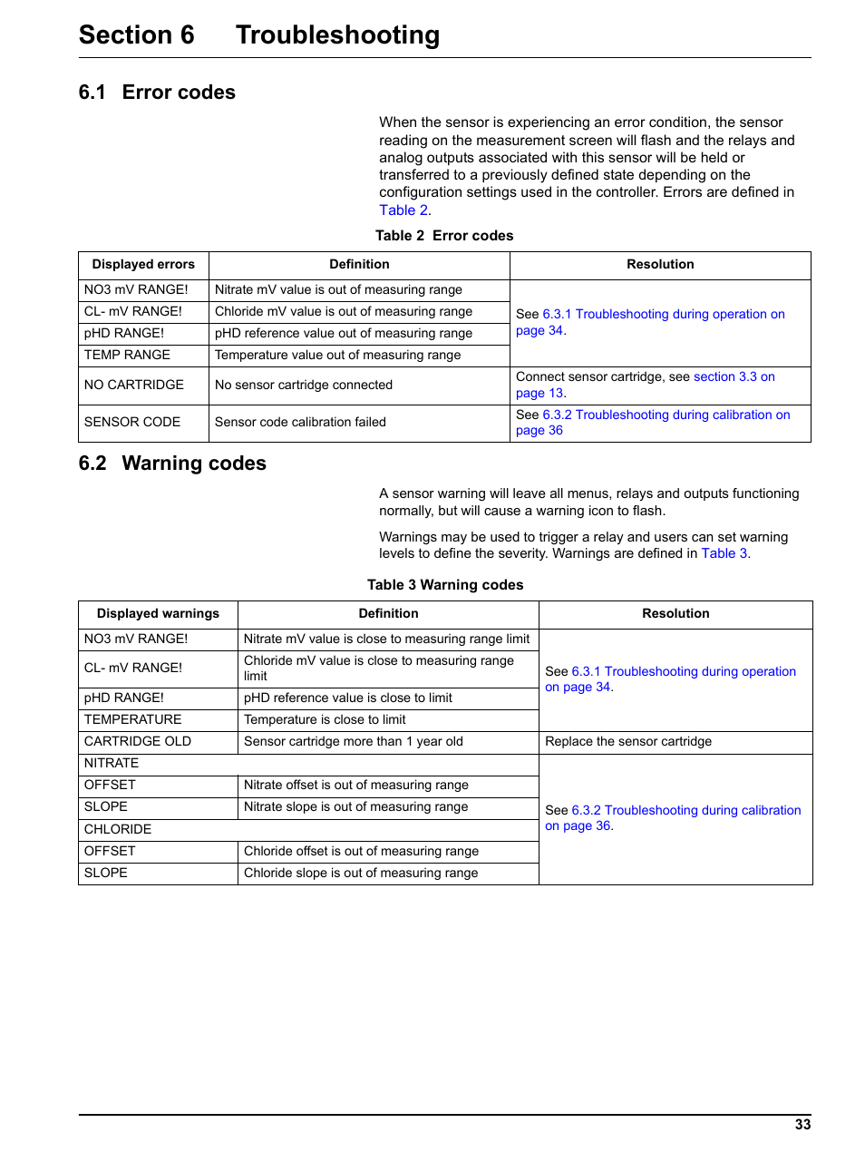 Section 6 troubleshooting, 1 error codes, 2 warning codes | 1 error codes 6.2 warning codes | Hach-Lange NO3D sc Nitrate Sensor User Manual | Page 33 / 48