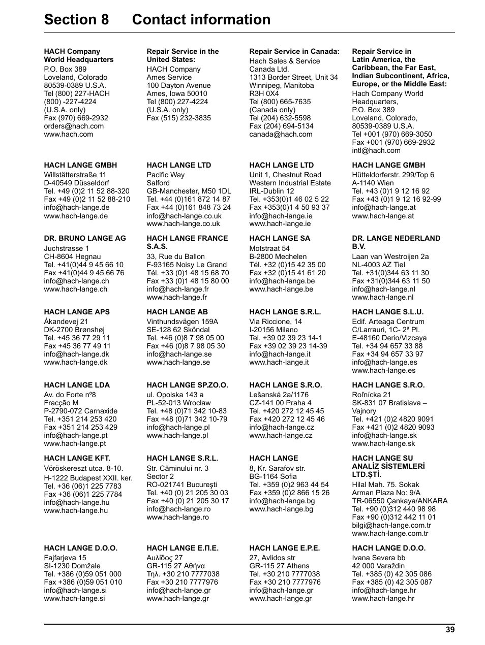 Section 8 contact information | Hach-Lange NO3D sc Nitrate Sensor User Manual | Page 39 / 48