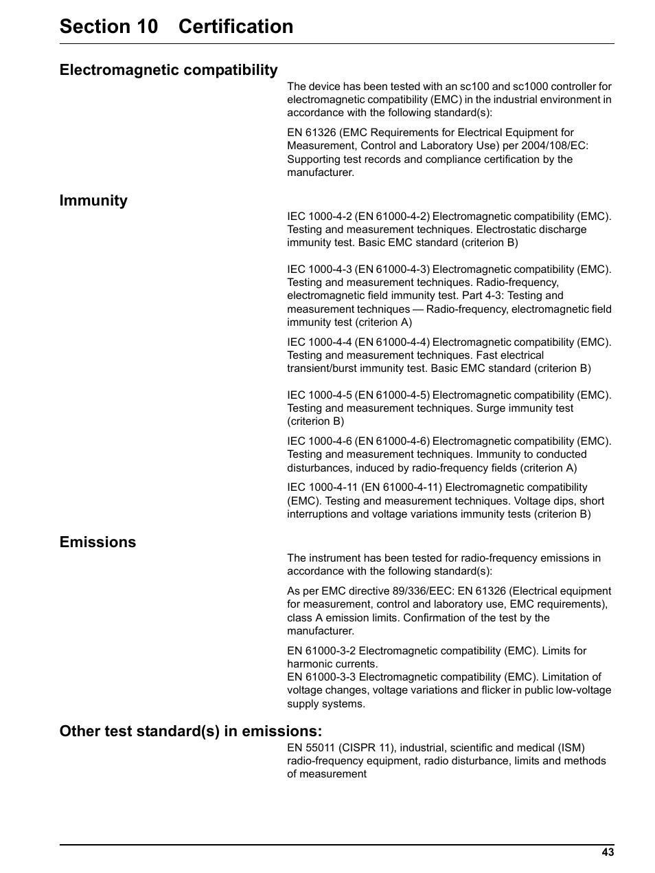 Section 10 certification, Electromagnetic compatibility, Immunity | Emissions, Other test standard(s) in emissions | Hach-Lange NO3D sc Nitrate Sensor User Manual | Page 43 / 48