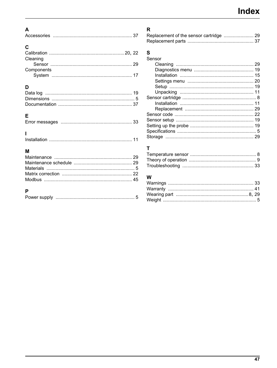 Index | Hach-Lange NO3D sc Nitrate Sensor User Manual | Page 47 / 48