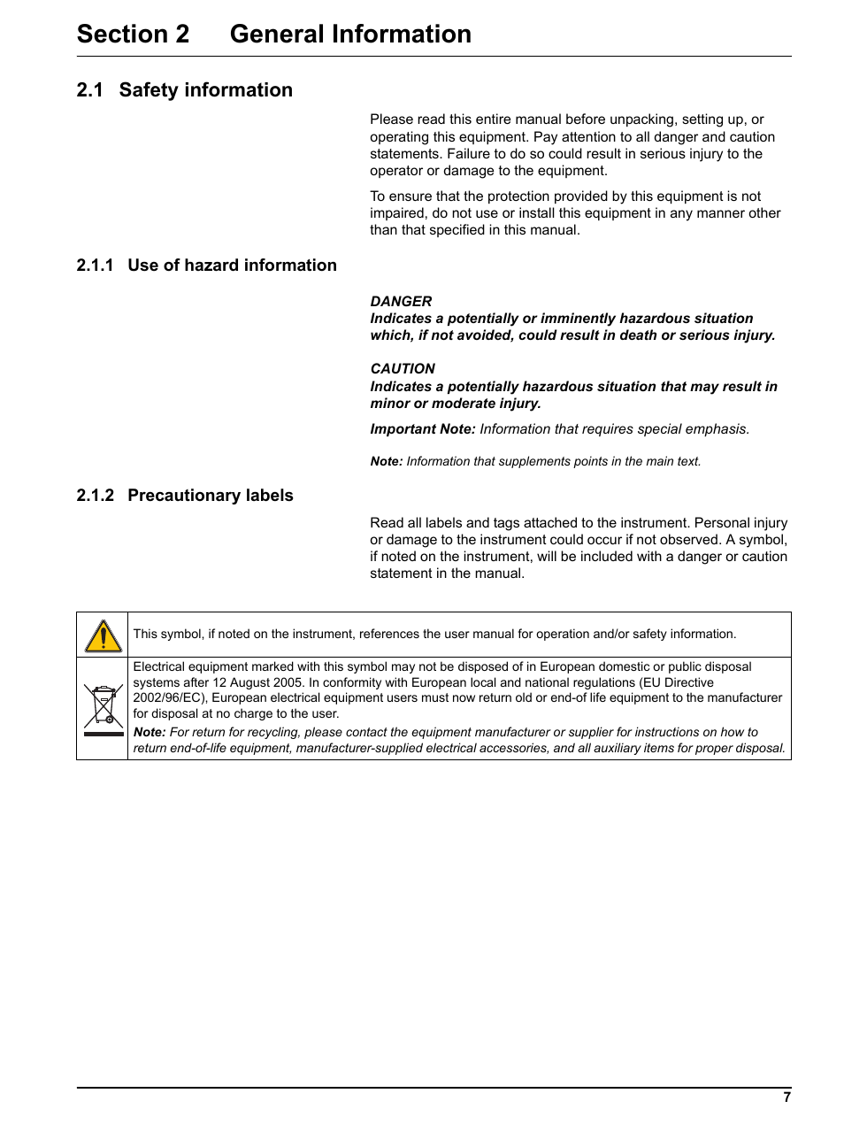 Section 2 general information, 1 safety information, 1 use of hazard information | 2 precautionary labels | Hach-Lange NO3D sc Nitrate Sensor User Manual | Page 7 / 48