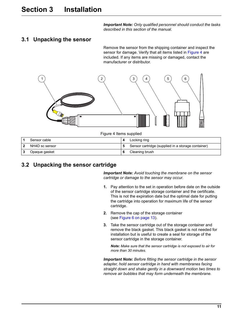 Section 3 installation, 1 unpacking the sensor, 2 unpacking the sensor cartridge | Hach-Lange NH4D sc Ammonium Sensor User Manual | Page 11 / 48
