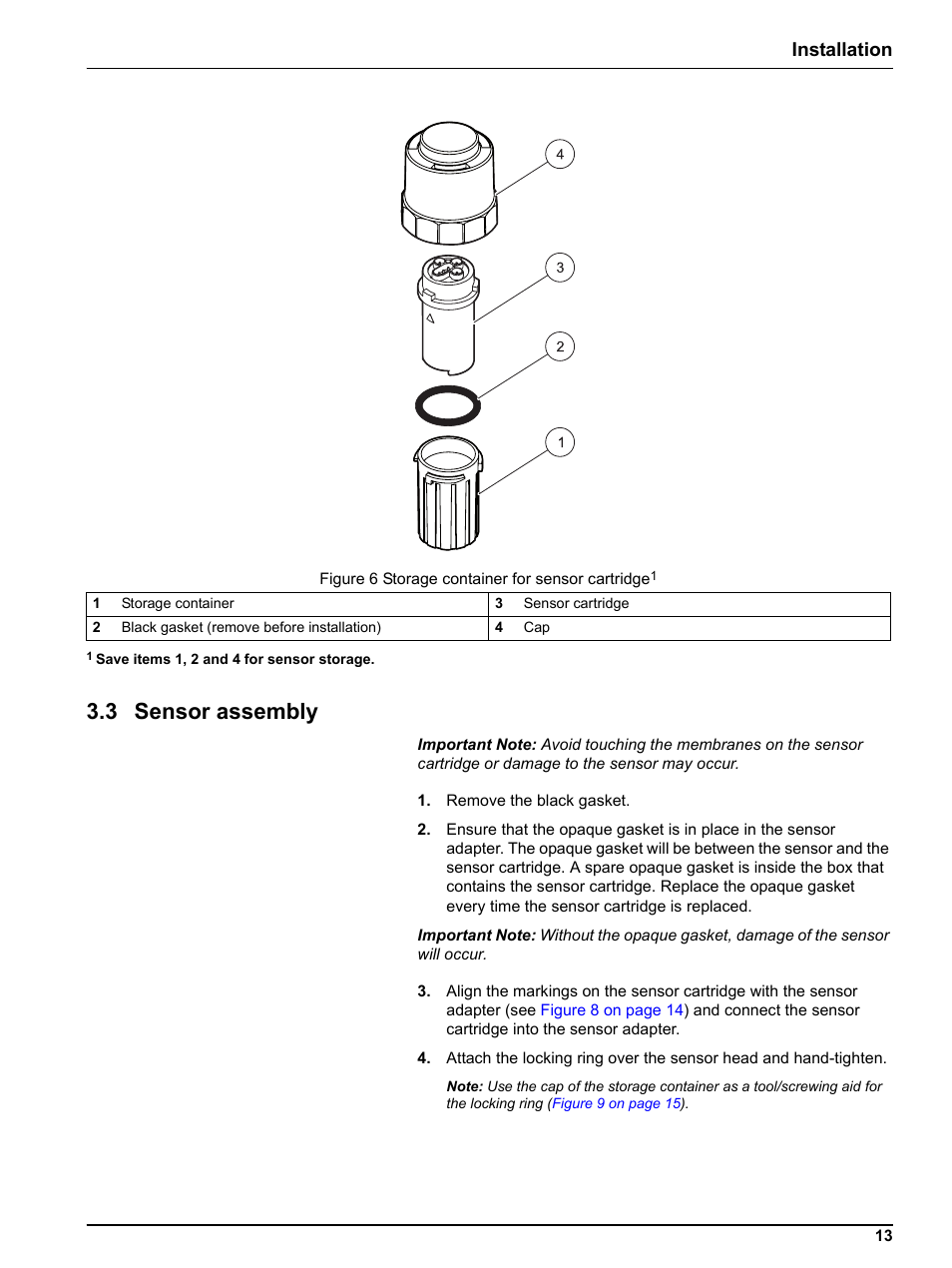 3 sensor assembly, 3 sensor, Installation | Hach-Lange NH4D sc Ammonium Sensor User Manual | Page 13 / 48