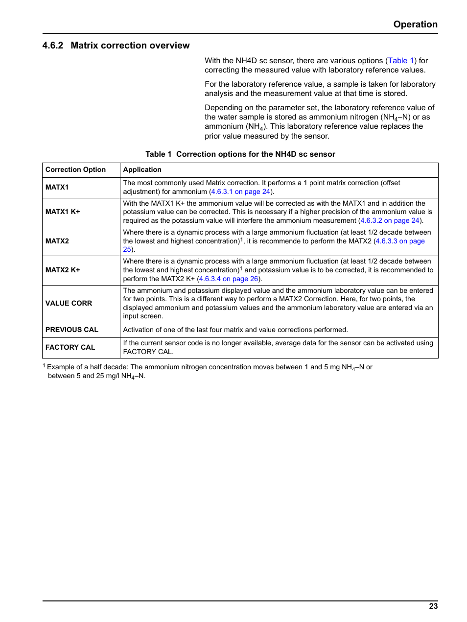 2 matrix correction overview, Operation 4.6.2 matrix correction overview | Hach-Lange NH4D sc Ammonium Sensor User Manual | Page 23 / 48