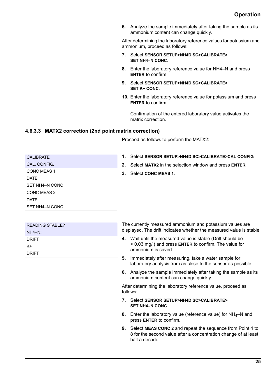 3 matx2 correction (2nd point matrix correction), Trix correction (see, Operation | Hach-Lange NH4D sc Ammonium Sensor User Manual | Page 25 / 48