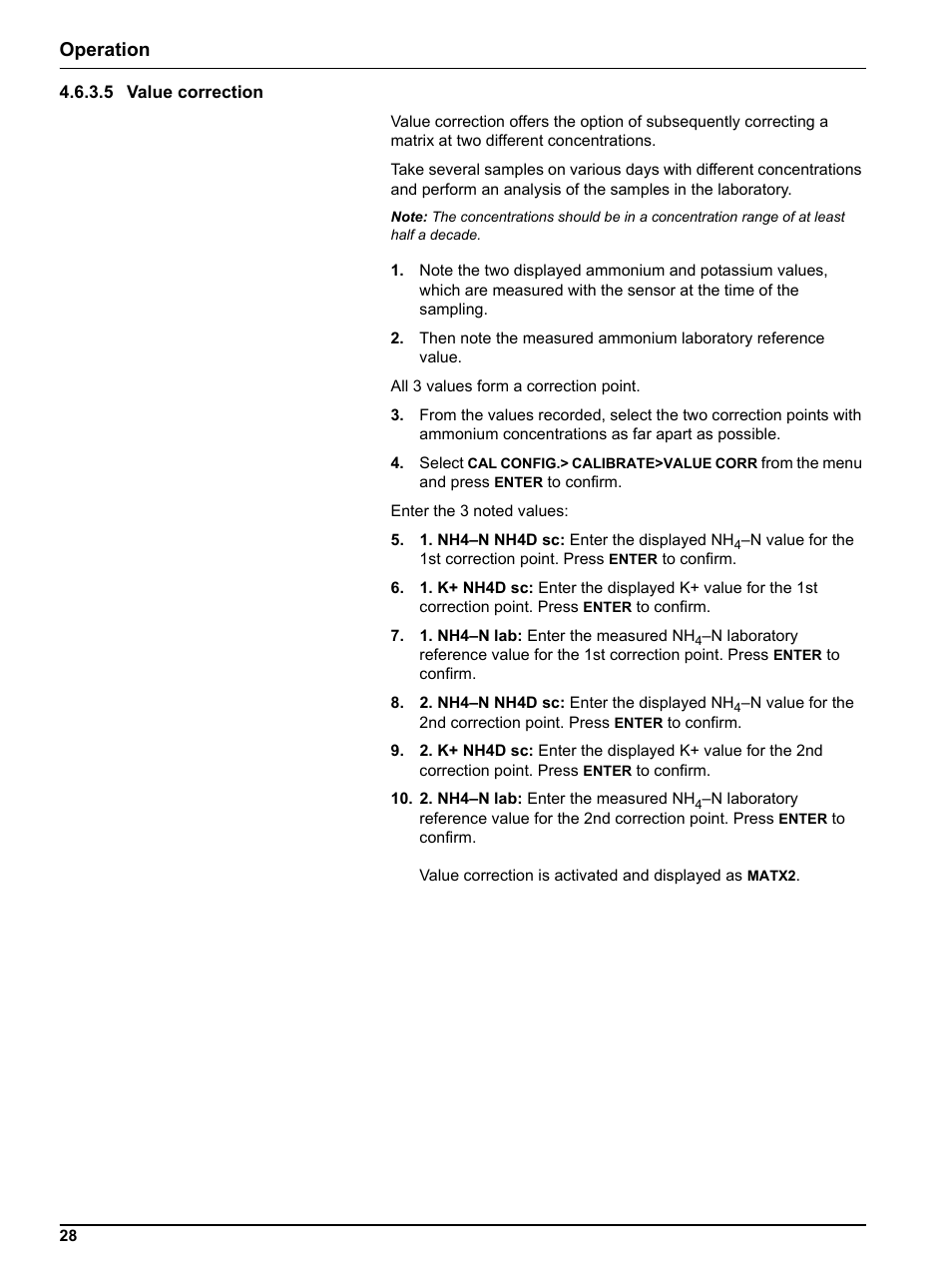5 value correction, Ue correction (see, Operation | Hach-Lange NH4D sc Ammonium Sensor User Manual | Page 28 / 48