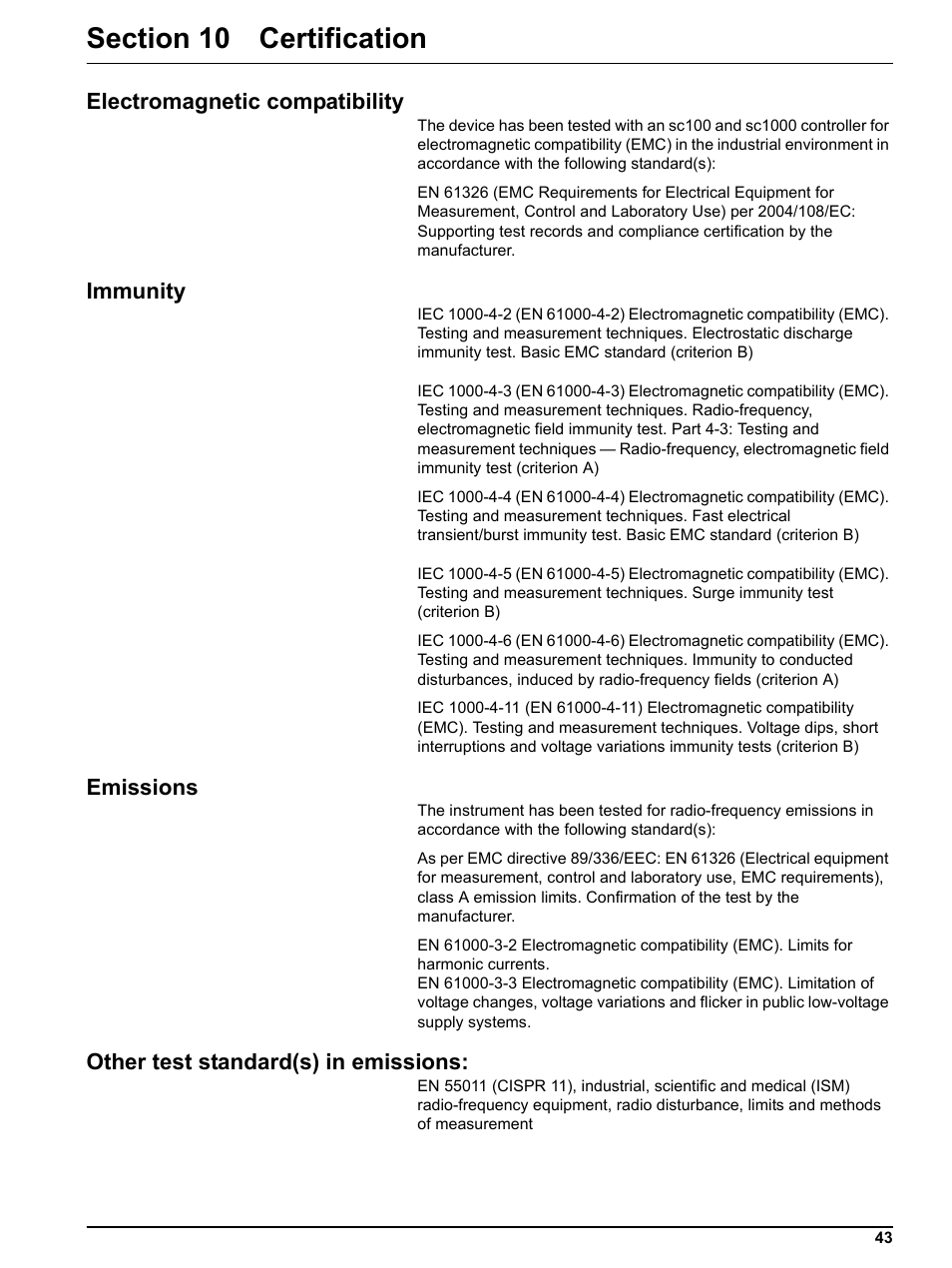 Section 10 certification, Electromagnetic compatibility, Immunity | Emissions, Other test standard(s) in emissions | Hach-Lange NH4D sc Ammonium Sensor User Manual | Page 43 / 48