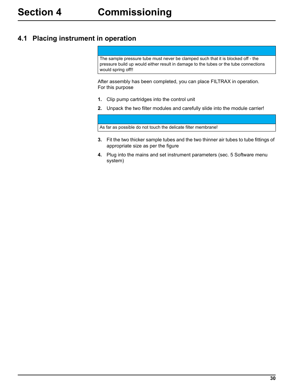 Section 4 commissioning, 1 placing instrument in operation | Hach-Lange FILTRAX User Manual User Manual | Page 32 / 58