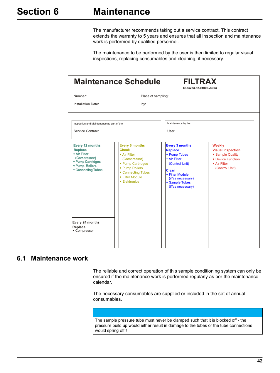 Section 6 maintenance, 1 maintenance work, Filtrax maintenance schedule | Hach-Lange FILTRAX User Manual User Manual | Page 44 / 58