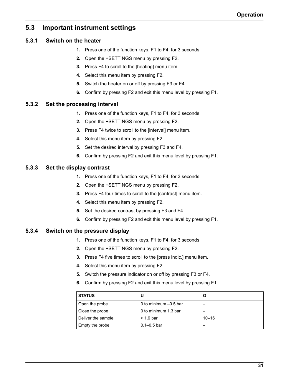 3 important instrument settings, 1 switch on the heater, 2 set the processing interval | 3 set the display contrast, 4 switch on the pressure display | Hach-Lange SIGMATAX2 User Manual | Page 31 / 44