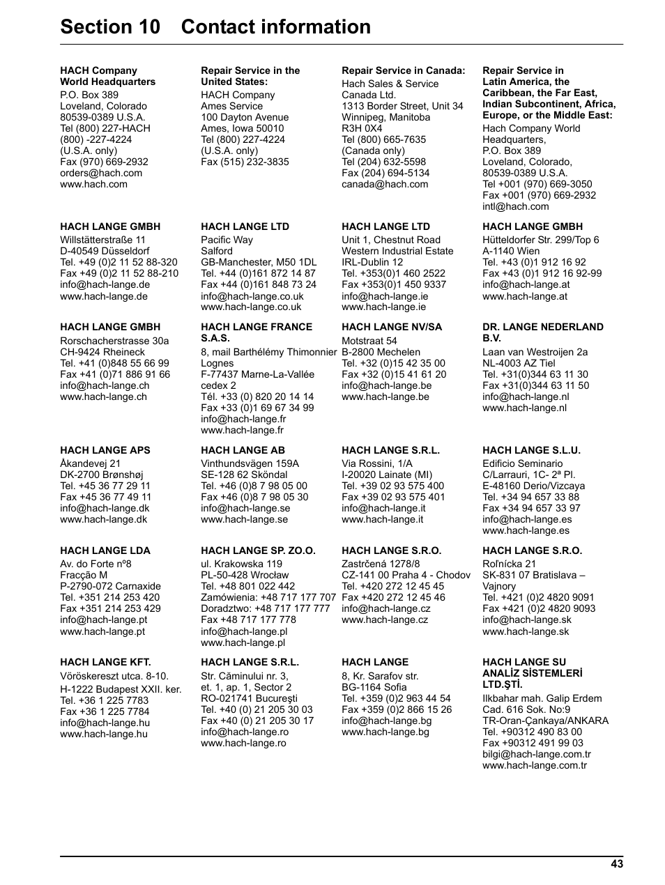 Section 10 contact information | Hach-Lange SIGMATAX2 User Manual | Page 43 / 44