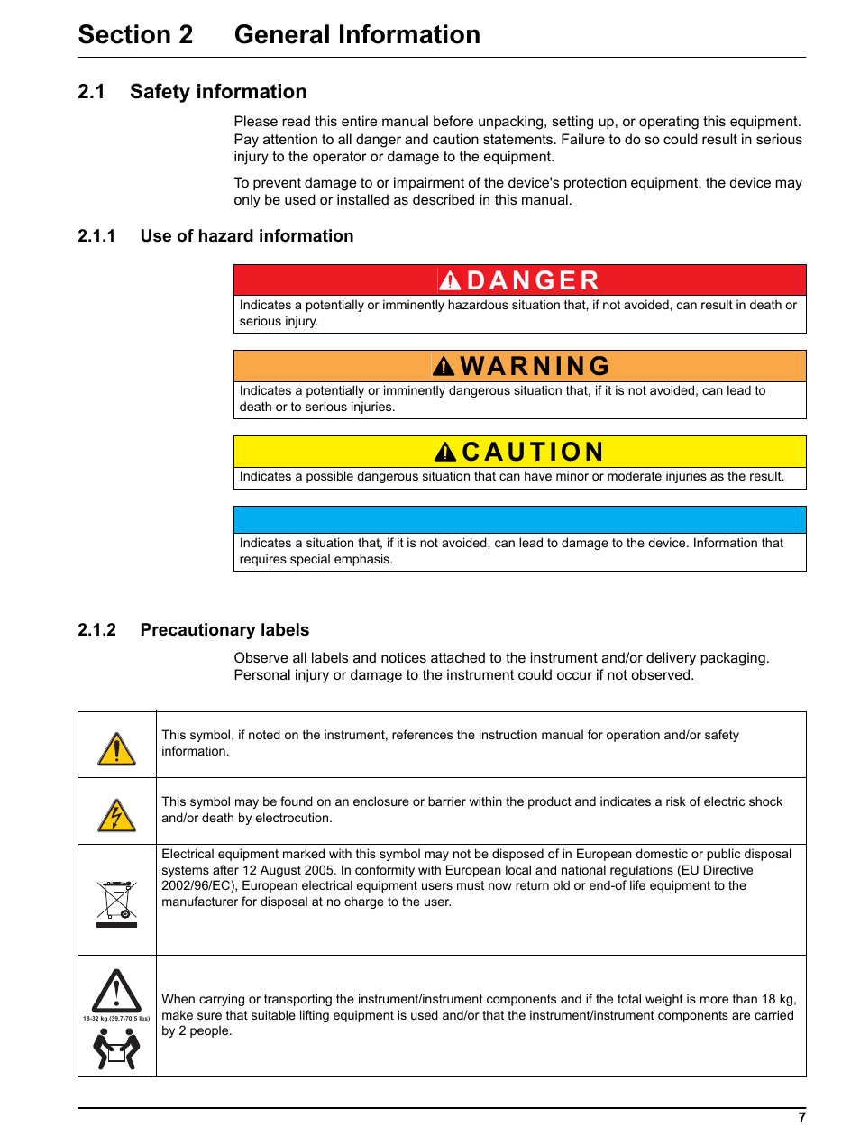 Section 2 general information, 1 safety information, 1 use of hazard information | 2 precautionary labels | Hach-Lange SIGMATAX2 User Manual | Page 7 / 44