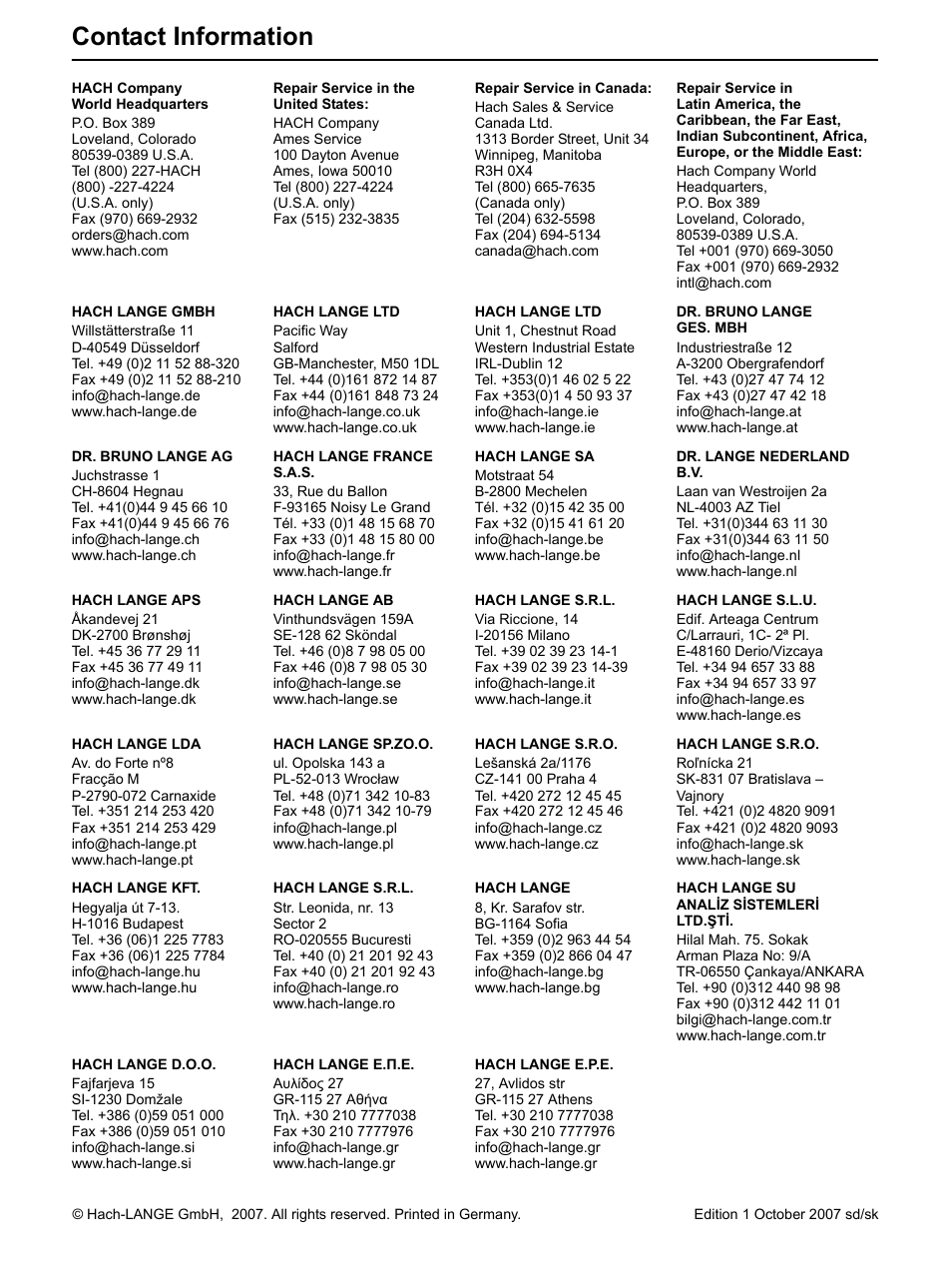 Contact information | Hach-Lange NITRATAX sc Flow-through accessories User Manual | Page 7 / 7