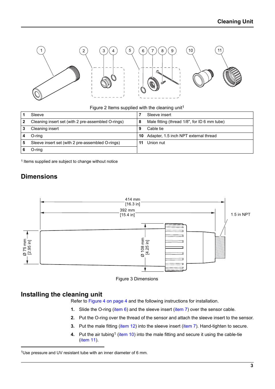 Dimensions installing the cleaning unit, Cleaning unit | Hach-Lange Cleaning Unit User Manual | Page 3 / 6