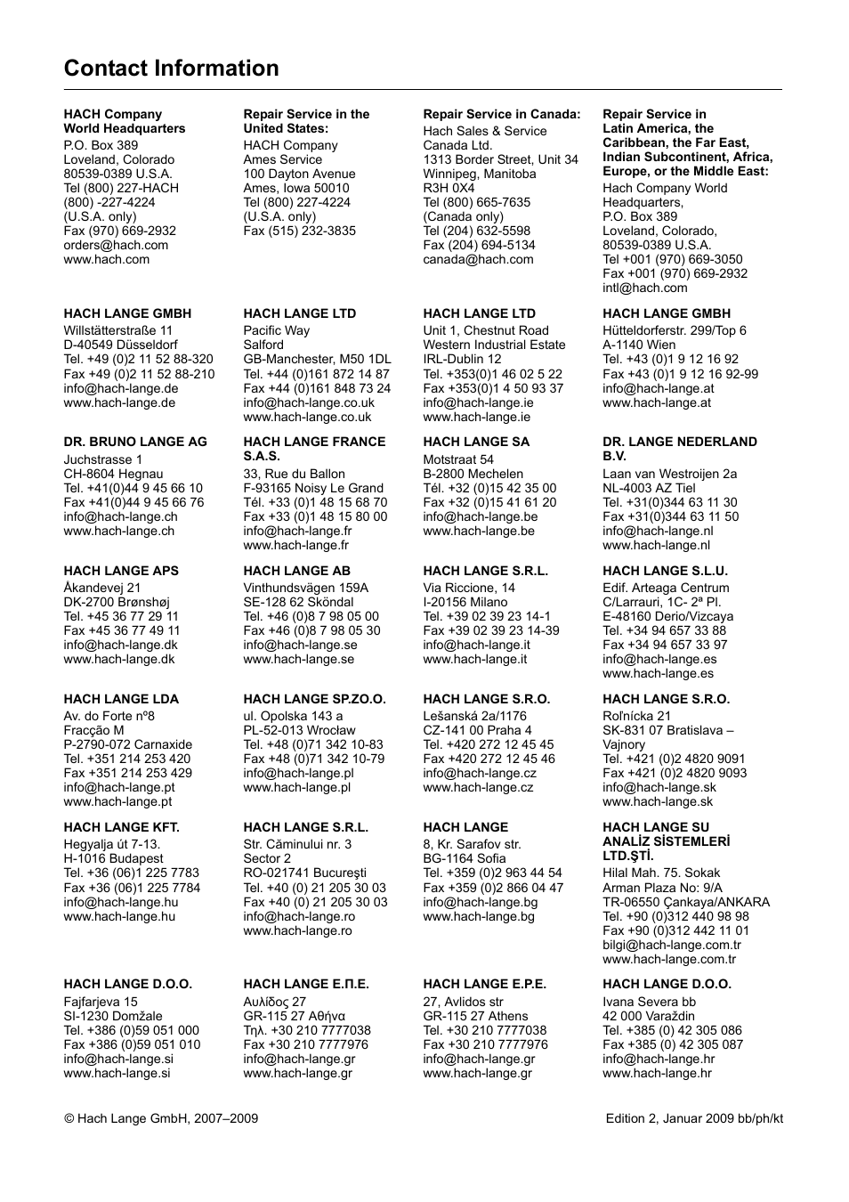 Contact information | Hach-Lange Cleaning Unit User Manual | Page 6 / 6