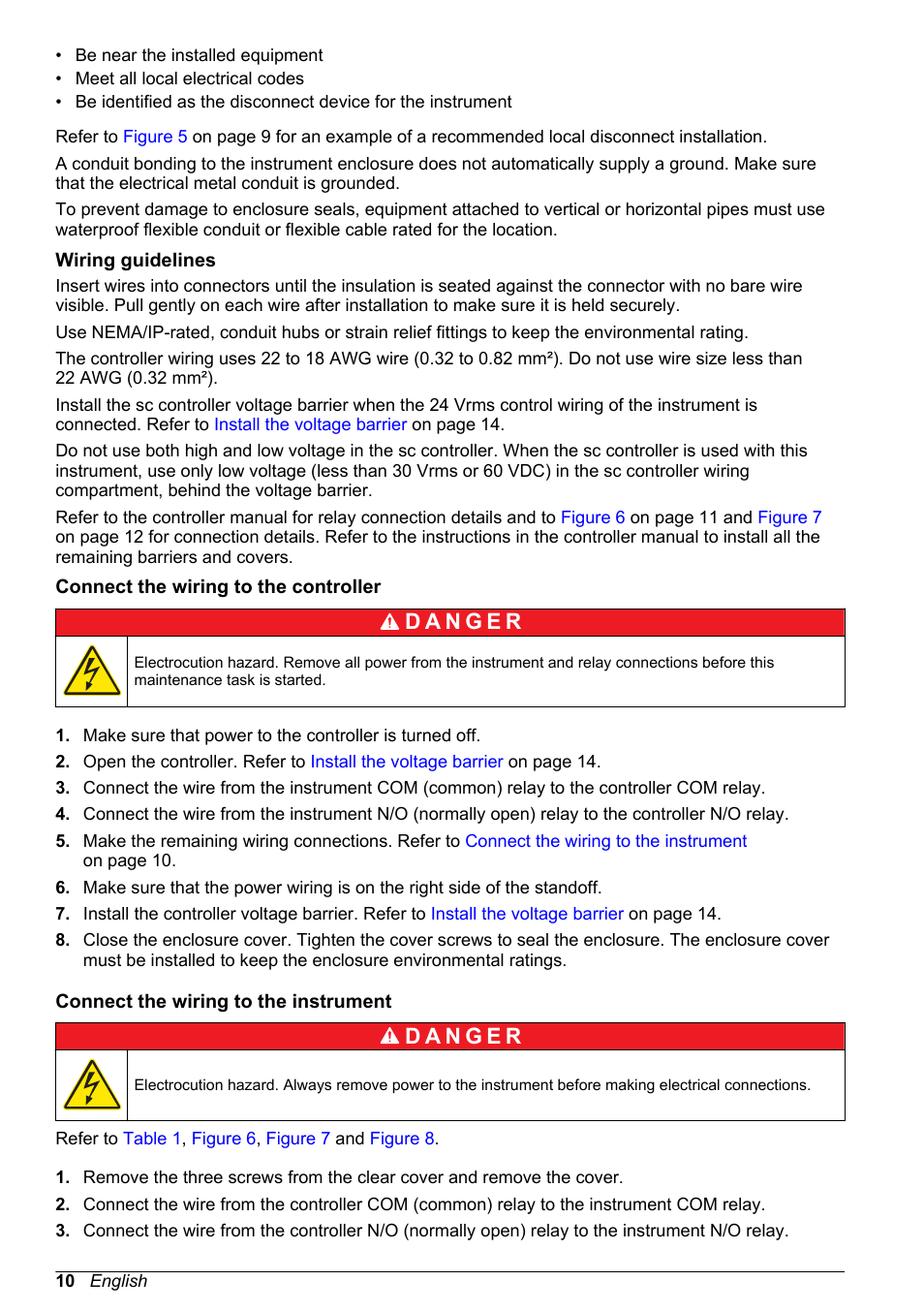Wiring guidelines, Connect the wiring to the controller, Connect the wiring to the instrument | Hach-Lange High Output Airblast System (HOAB) User Manual | Page 10 / 272