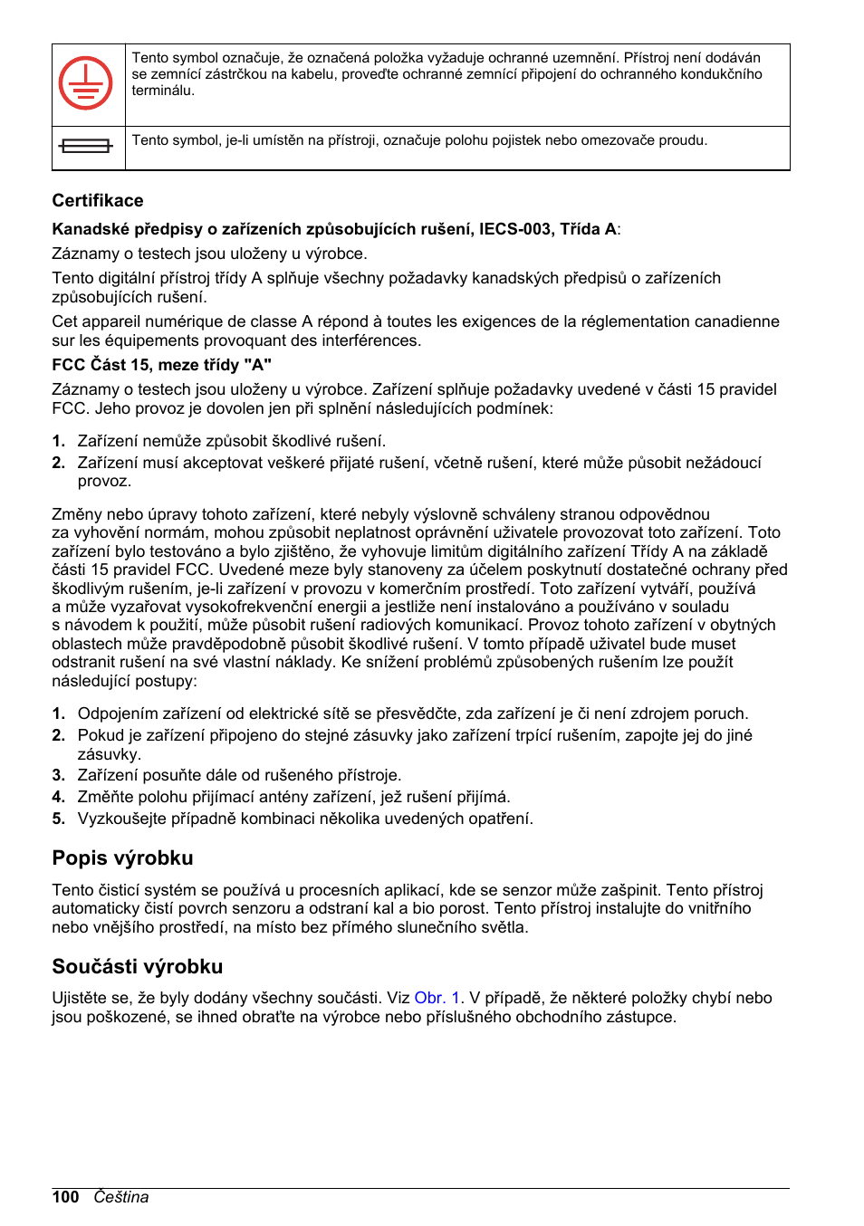 Certifikace, Popis výrobku, Součásti výrobku | Hach-Lange High Output Airblast System (HOAB) User Manual | Page 100 / 272