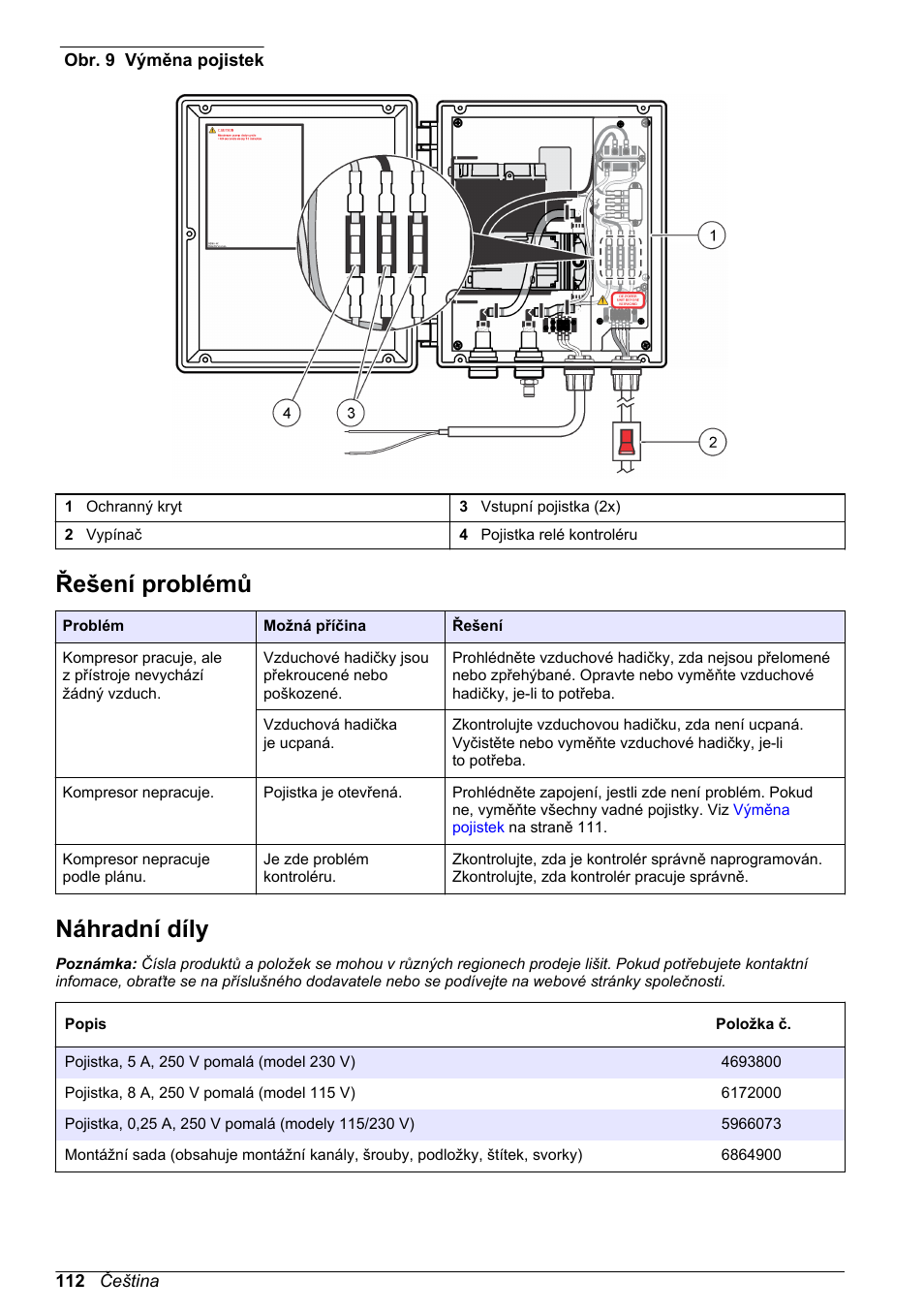Řešení problémů, Náhradní díly, Na straně 112 | Hach-Lange High Output Airblast System (HOAB) User Manual | Page 112 / 272