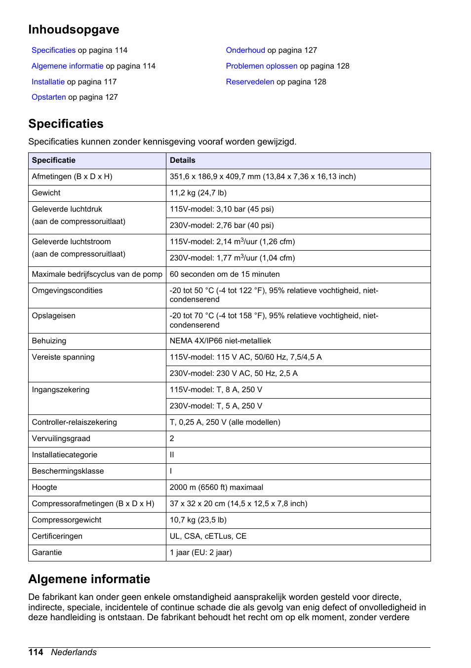 Gebruikershandleiding, Inhoudsopgave, Specificaties | Algemene informatie, Nederlands | Hach-Lange High Output Airblast System (HOAB) User Manual | Page 114 / 272