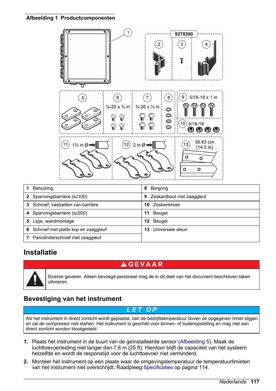 Installatie, Bevestiging van het instrument | Hach-Lange High Output Airblast System (HOAB) User Manual | Page 117 / 272
