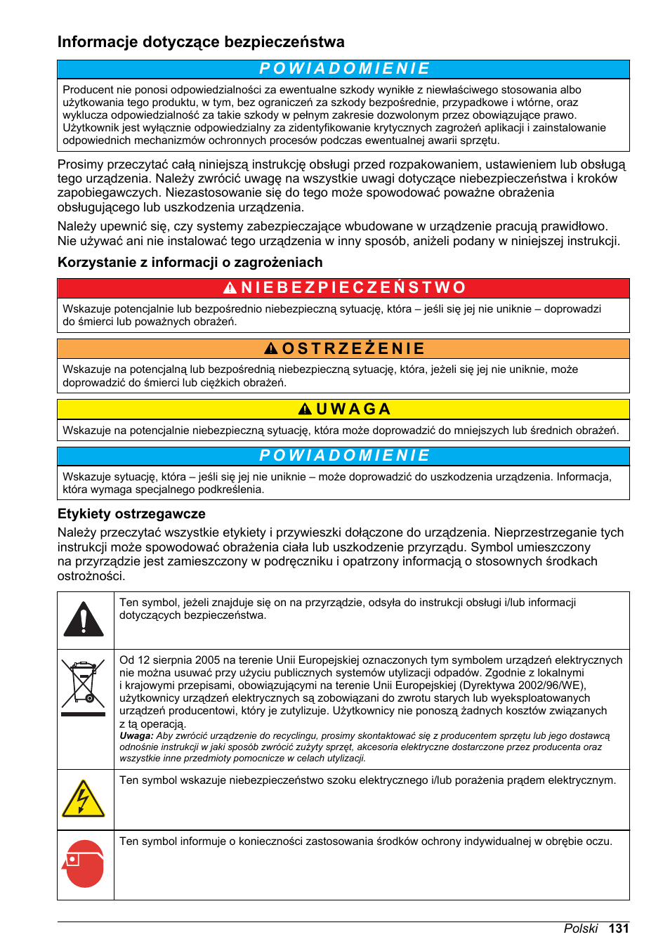 Informacje dotyczące bezpieczeństwa, Korzystanie z informacji o zagrożeniach, Etykiety ostrzegawcze | Hach-Lange High Output Airblast System (HOAB) User Manual | Page 131 / 272