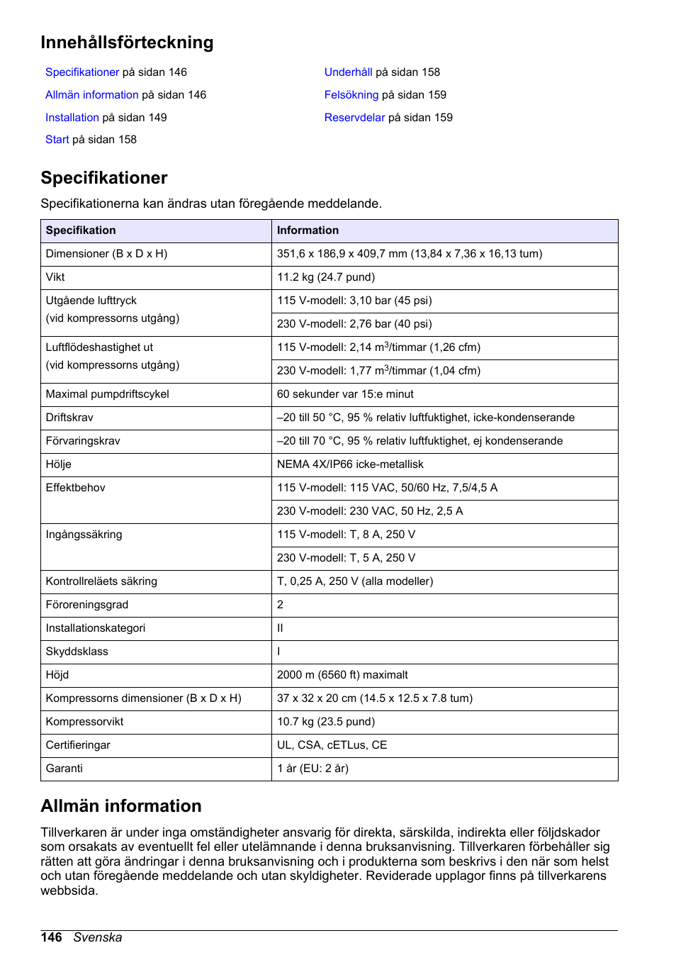 Bruksanvisning, Innehållsförteckning, Specifikationer | Allmän information, Svenska | Hach-Lange High Output Airblast System (HOAB) User Manual | Page 146 / 272