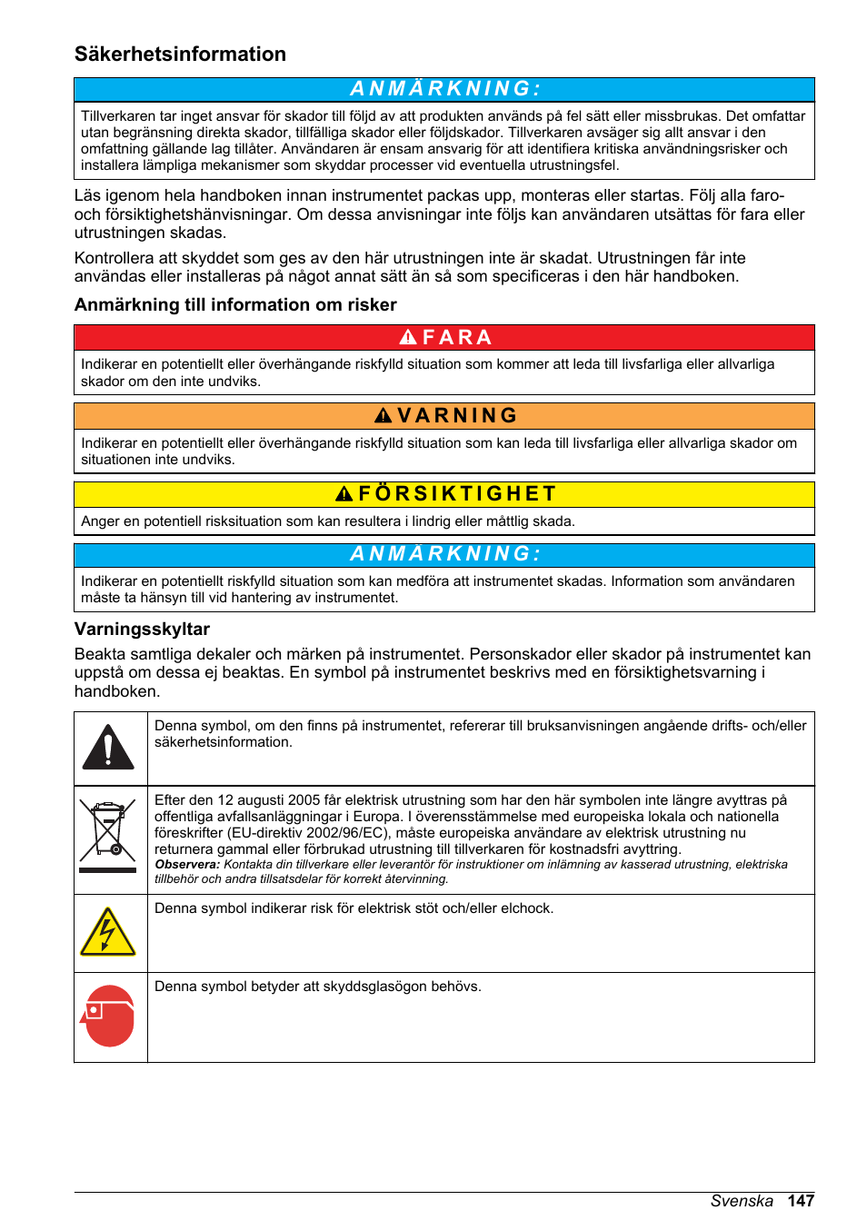 Säkerhetsinformation, Anmärkning till information om risker, Varningsskyltar | F a r a | Hach-Lange High Output Airblast System (HOAB) User Manual | Page 147 / 272