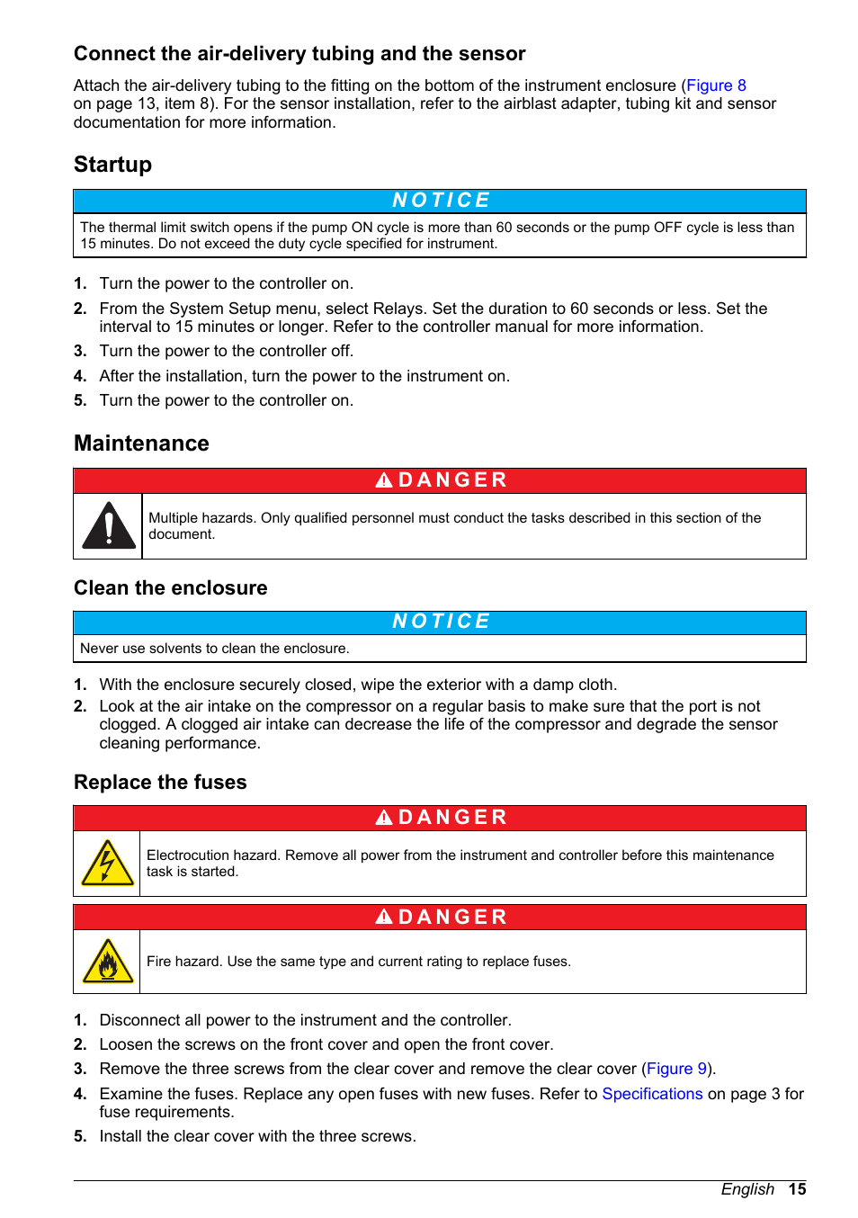 Connect the air-delivery tubing and the sensor, Startup, Maintenance | Clean the enclosure, Replace the fuses | Hach-Lange High Output Airblast System (HOAB) User Manual | Page 15 / 272