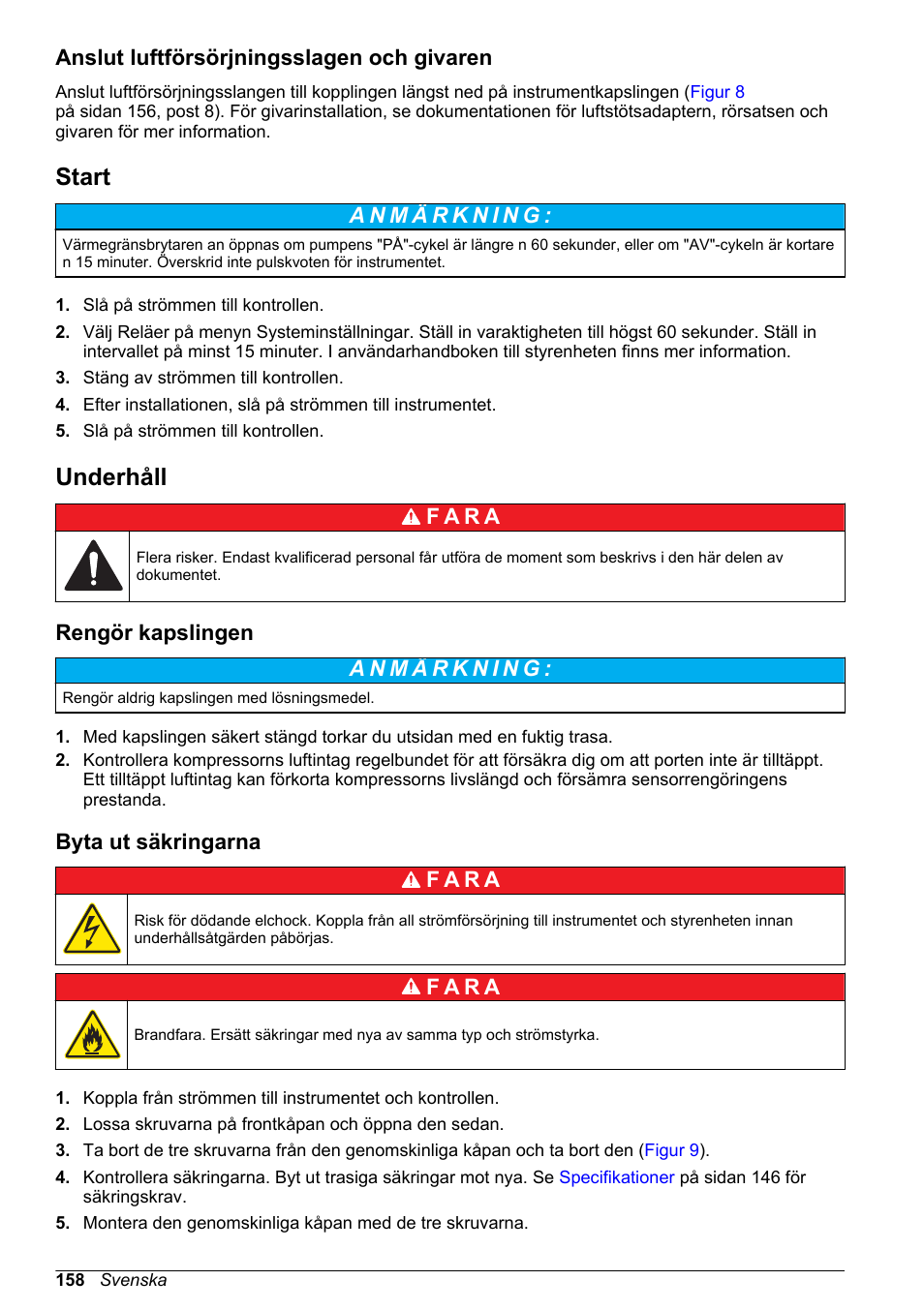 Anslut luftförsörjningsslagen och givaren, Start, Underhåll | Rengör kapslingen, Byta ut säkringarna, På sidan | Hach-Lange High Output Airblast System (HOAB) User Manual | Page 158 / 272