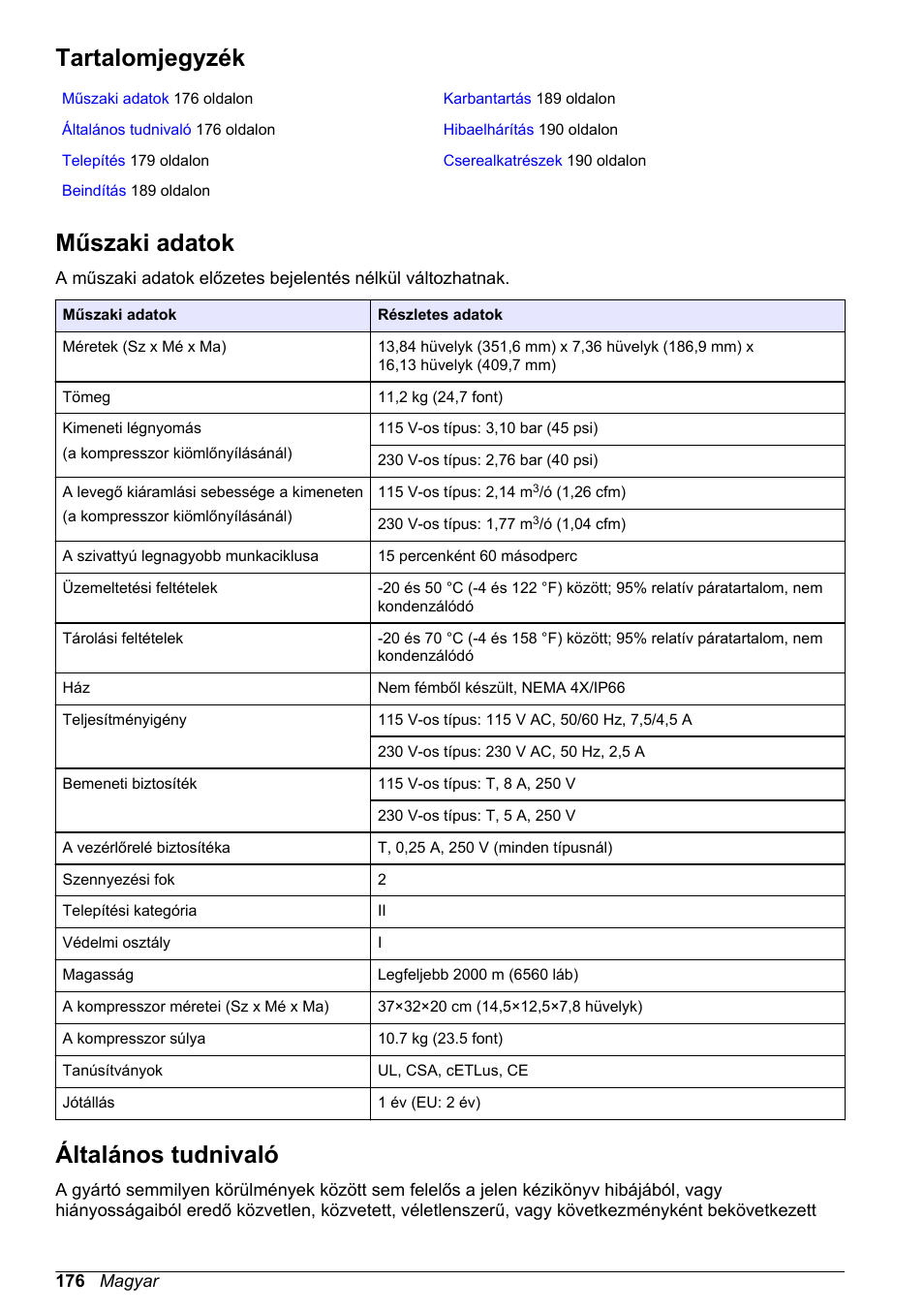 Felhasználói kézikönyv, Tartalomjegyzék, Műszaki adatok | Általános tudnivaló, Magyar | Hach-Lange High Output Airblast System (HOAB) User Manual | Page 176 / 272