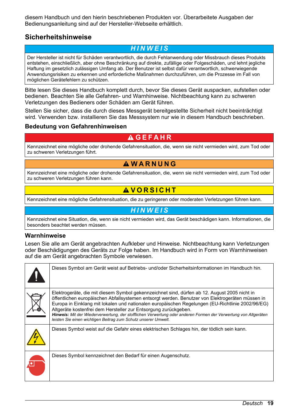 Sicherheitshinweise, Bedeutung von gefahrenhinweisen, Warnhinweise | Hach-Lange High Output Airblast System (HOAB) User Manual | Page 19 / 272