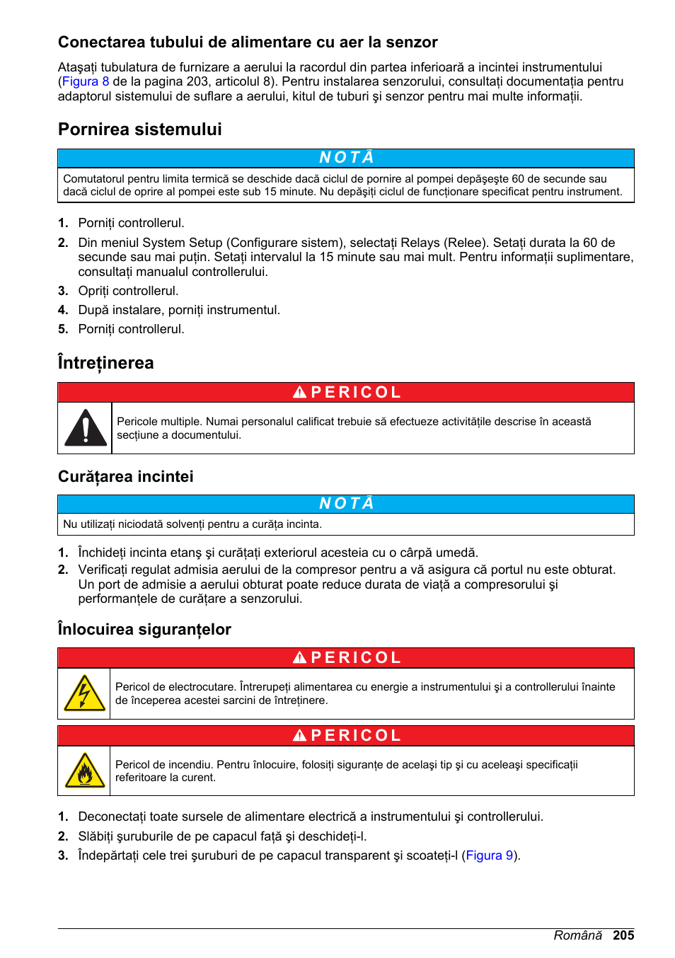 Conectarea tubului de alimentare cu aer la senzor, Pornirea sistemului, Întreţinerea | Curăţarea incintei, Înlocuirea siguranţelor | Hach-Lange High Output Airblast System (HOAB) User Manual | Page 205 / 272