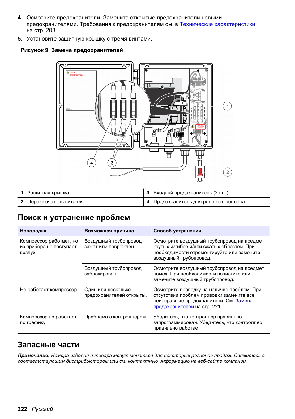Поиск и устранение проблем, Запасные части, Рисунок 9 | Hach-Lange High Output Airblast System (HOAB) User Manual | Page 222 / 272