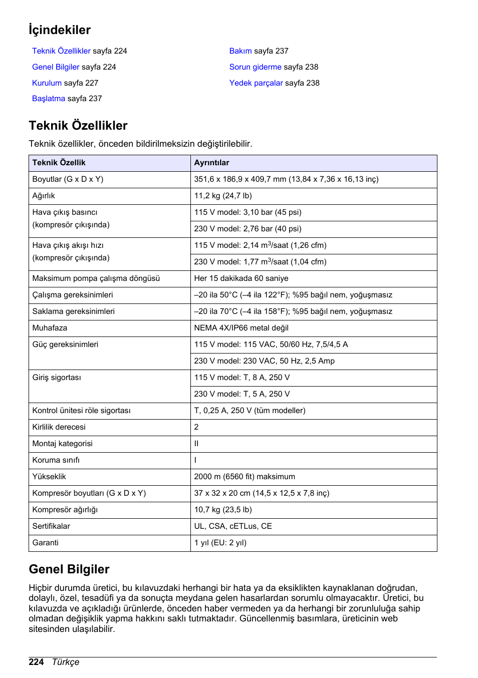 Kullanıcı kılavuzu, Içindekiler, Teknik özellikler | Genel bilgiler, Türkçe | Hach-Lange High Output Airblast System (HOAB) User Manual | Page 224 / 272