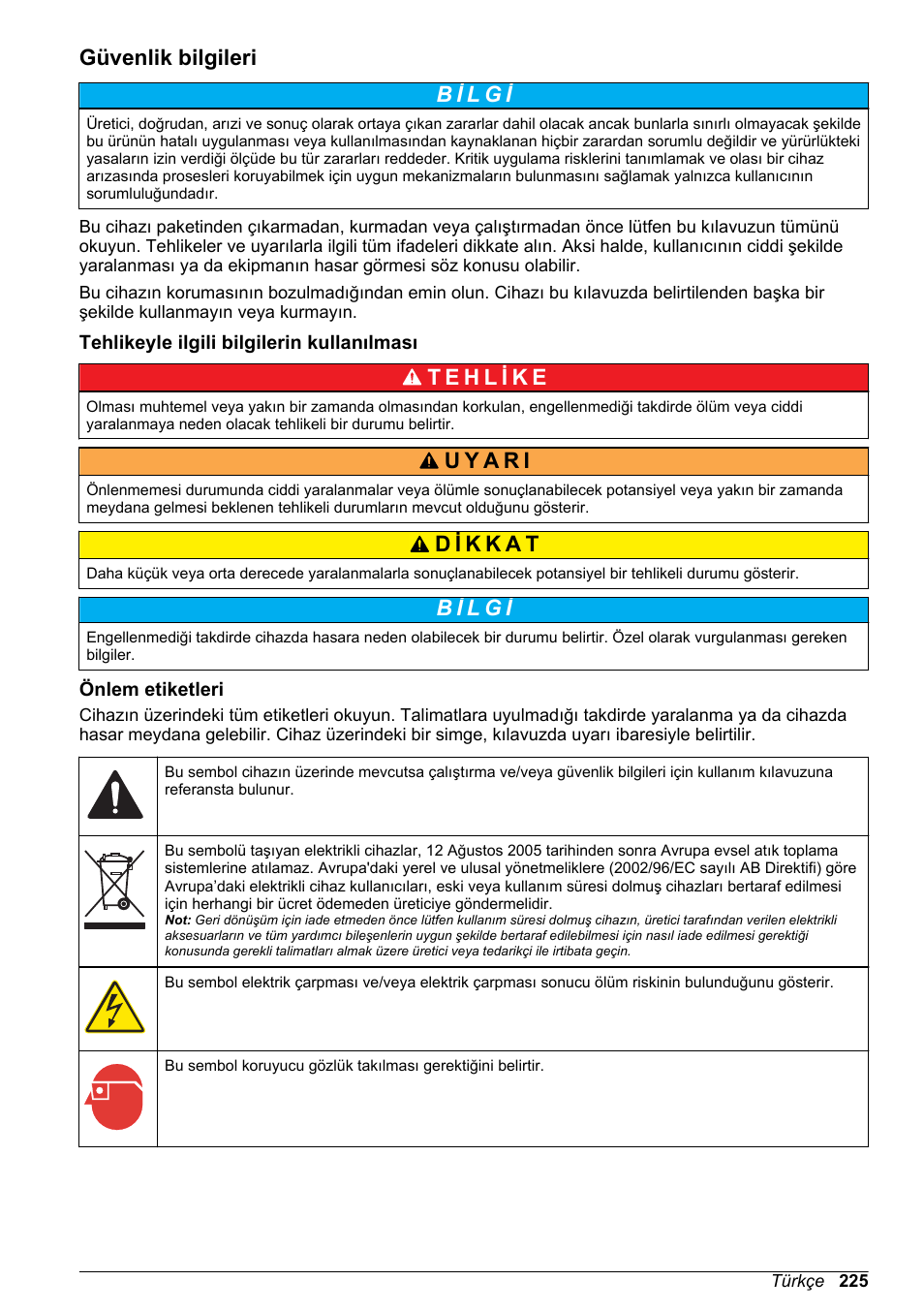 Güvenlik bilgileri, Tehlikeyle ilgili bilgilerin kullanılması, Önlem etiketleri | Hach-Lange High Output Airblast System (HOAB) User Manual | Page 225 / 272