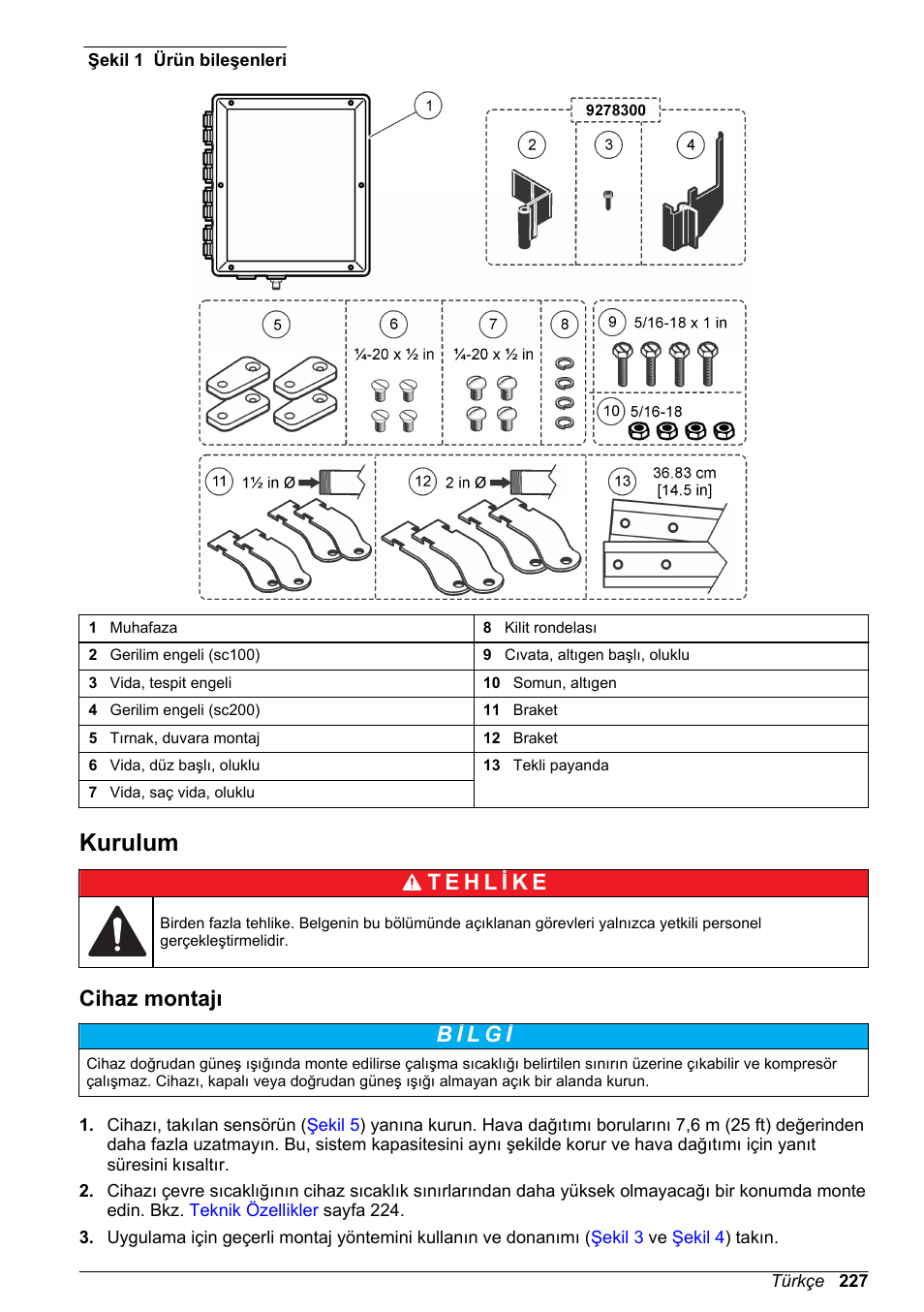 Kurulum, Cihaz montajı | Hach-Lange High Output Airblast System (HOAB) User Manual | Page 227 / 272