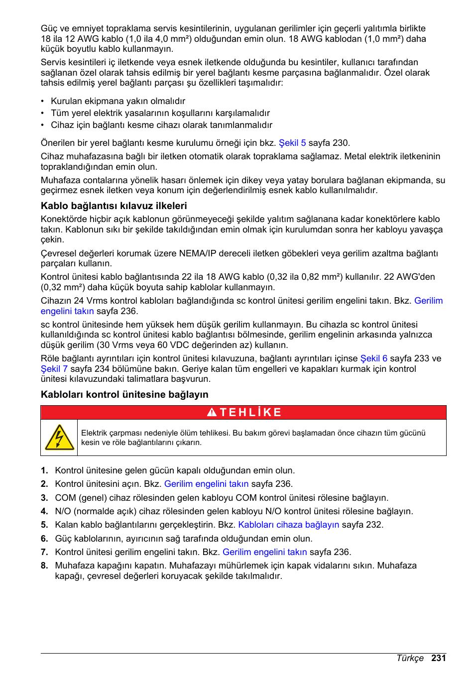 Kablo bağlantısı kılavuz ilkeleri, Kabloları kontrol ünitesine bağlayın | Hach-Lange High Output Airblast System (HOAB) User Manual | Page 231 / 272