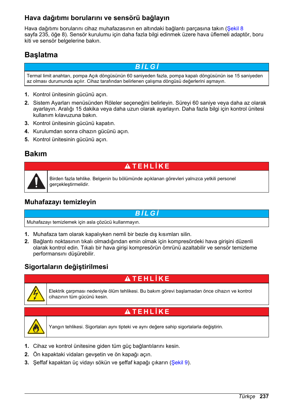 Hava dağıtımı borularını ve sensörü bağlayın, Başlatma, Bakım | Muhafazayı temizleyin, Sigortaların değiştirilmesi | Hach-Lange High Output Airblast System (HOAB) User Manual | Page 237 / 272